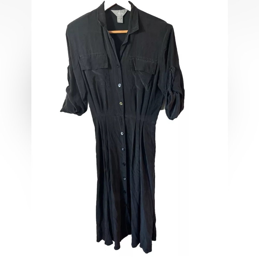 Alicia Vintage 100% Silk Black Midi Dress Size 10 button up classic